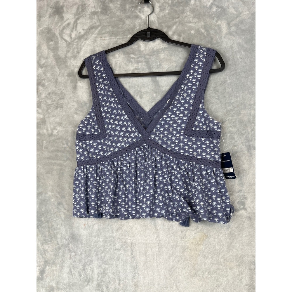Lucky Brand Baby Doll Tank Top Blue Coquette Lace Trim V Neck Sleeveless Boho M - Picture 3 of 12